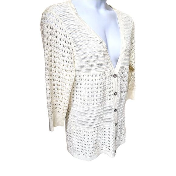 DKNY JEANS Women's V- Neck Open Knit Cream Colored Cardigan Sweater Size XL - Picture 4 of 15